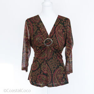 Reba Y2K Paisley Buckle Blouse Size L • Sheer Sleeves • Boho 2000s Career Top